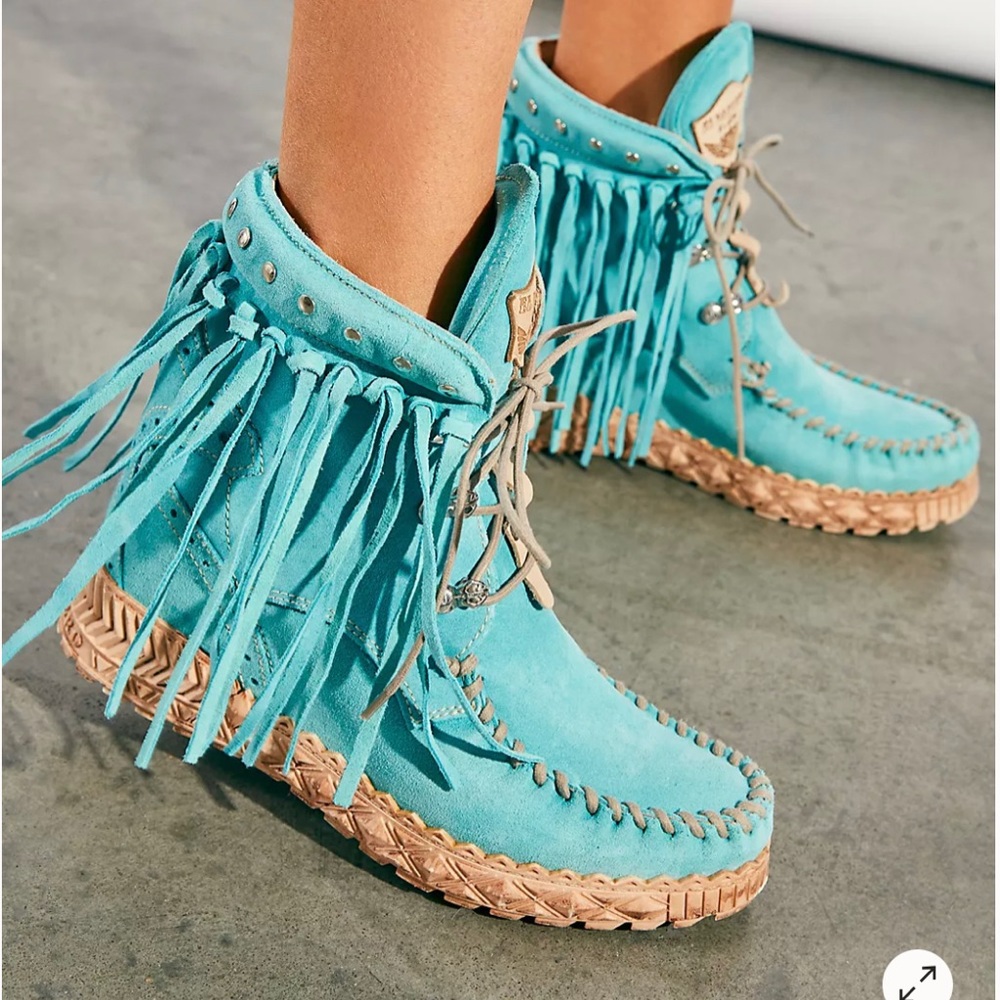 Fringed Turquoise Ankle Boots